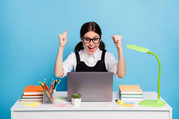 Foto van extatisch meisje zitten tafel studie op afstand gebruik laptop vieren a-level examen prestatie verhogen vuisten schreeuwen slijtage stijl stijlvolle trendy witte blouse algehele geïsoleerde blauwe kleur achtergrond — Stockfoto