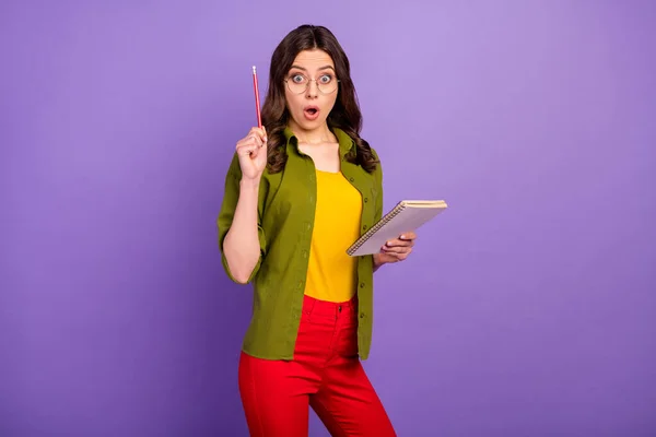 Портрет удивленной девушки держать ноутбук доклад впечатлен невероятной идеей поднять карандаш носить красные брюки стиле стильные модные изолированные фиолетовый цвет фона — стоковое фото