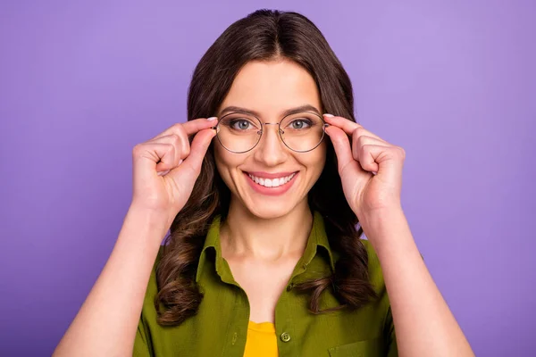 Close up photo of nice lady girl high school student touch specs see season discount wear casual style clothes isolated over purple vivid color background — стоковое фото