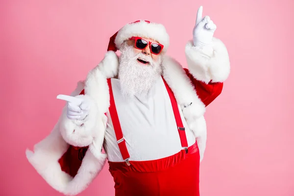Crazy funky grey hair fat with big belly santa claus enjoy x-mas christmas party event want dance raise index finger wear style trendy headwear pants gloves isolated pastel color background — Stock Photo, Image
