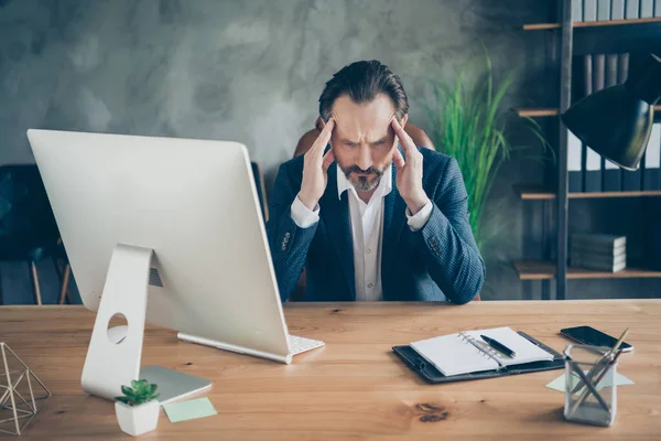 Portrait of his he nice handsome depressed man expert creating marketing plan presentation feeling bad high fever symptom pain at modern loft industrial concrete wall work place station — Stock Photo, Image