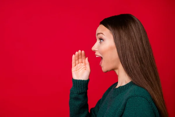 Foto del lado del perfil de chica loca mantenga la mano gritar fuerte en copyspace desgaste suéter aislado sobre fondo de color rojo brillo — Foto de Stock