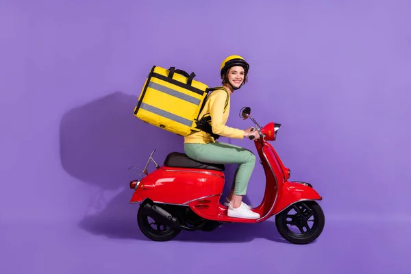 Profile side view of her she nice attractive cheerful girl riding bike delivering bringing cafe food order fast speed express isolated bright vivid shine vibrant lilac violet purple color background