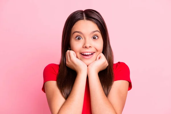 Foto di bella dolce positivo poco signora lungo taglio di capelli due braccia pugni zigomi eccitato sguardo faccia comoda posa sorridente usura casual rosso t-shirt isolato colore rosa sfondo — Foto Stock