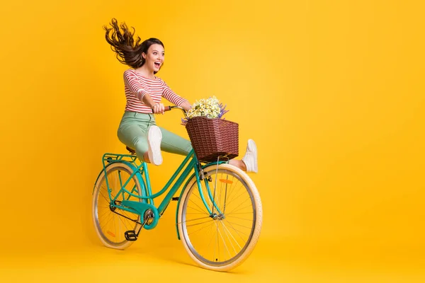 Longitud completa tamaño del cuerpo foto de la chica divertida gritando montar en bicicleta mantener las piernas aisladas sobre fondo de color amarillo vivo —  Fotos de Stock