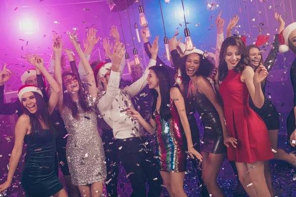 Photo of carefree people lovely ladies glossy dress posing dance falling sequins wear stylish outfit modern club indoors — Stock Photo, Image