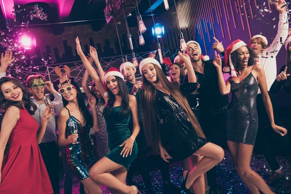 Photo of people raise hands disco classy ladies legs wear short dress x-mas headwear modern club indoors — Stock Photo, Image