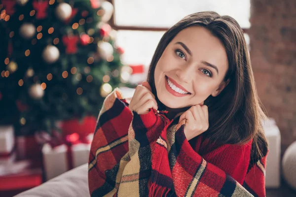 Φωτογραφία της όμορφης γυναίκας λευκό χαμόγελο τυλιγμένο καρό γροθιές κουβέρτα πρόσωπο φορούν κόκκινο πουλόβερ σε διακοσμημένο x-mas σαλόνι σε εσωτερικούς χώρους — Φωτογραφία Αρχείου