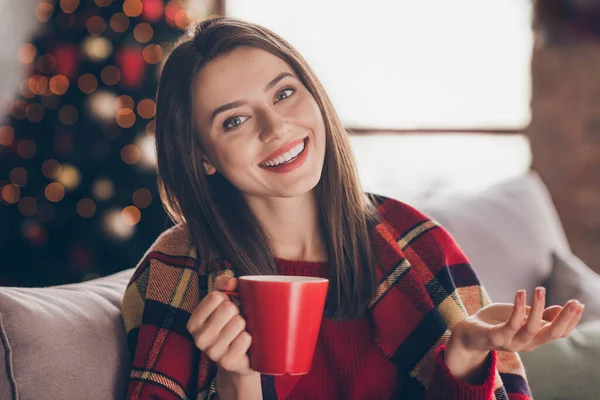 Foto de encantadora dama sentarse sofá celebrar taza beber hablar envuelto a cuadros usar jersey rojo en decorado x-mas sala de estar en el interior — Foto de Stock