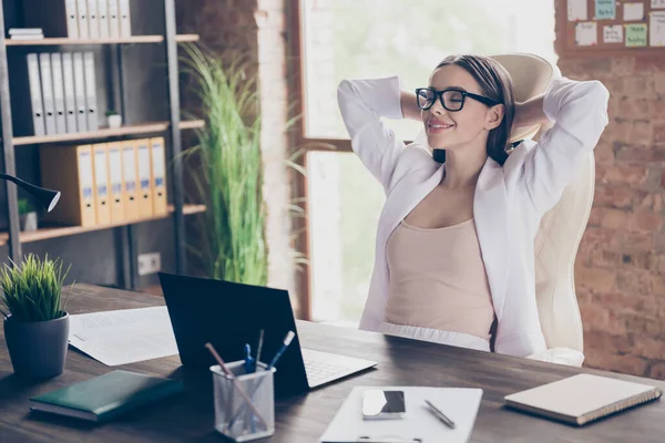 Profile side view portrait of her she pretty chic classy luxury dreamy cheery lady skilled specialist partner freelancer resting at modern industrial loft brick interior workplace workstation
