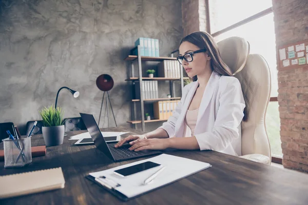 Profile side view of her she pretty focused busy lady skilled specialist journalist writing media plan article essay stay home quarantine modern industrial loft brick interior workplace workstation — Stock Photo, Image