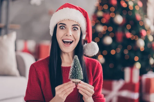 놀라는 여인의 사진작은 장난감 상록 트리 오픈 입을 벌리고 실내 거실에 장식 된 산타 모자빨간 스웨터를 입고 있다 — 스톡 사진