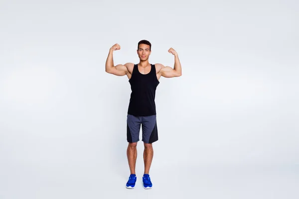 Full length body size view of his he nice attractive strong tall sportive successful guy demonstrating powerful muscles contest winner isolated over light gray pastel color background — стоковое фото