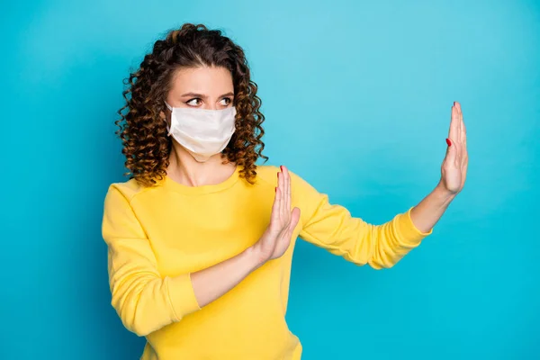 Portrait of her she nice attractive conscious serious wavy-haired girl wearing safe mask showing veto protest against sars ncov-2 isolated over bright vivid shine vibrant blue color background — Stock Photo, Image