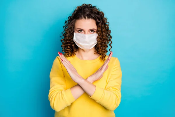 Close-up portrait of her she nice attractive strict conscious serious healthy wavy-haired girl wearing mask crossed hands veto protest isolated over bright vivid shine vibrant blue color background — Stock Photo, Image