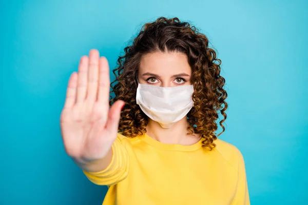 Close-up portrait of her she nice attractive strict conscious wavy-haired girl wearing reusable mask showing palm virus protest isolated over bright vivid shine vibrant blue color background — Stock Photo, Image
