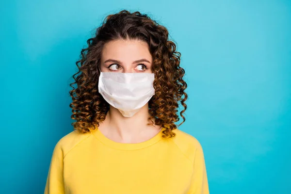 Close-up portrait of her she nice attractive pretty smart clever conscious wavy-haired girl wearing reusable mask anti covid19 isolated over bright vivid shine vibrant blue color background — Stock Photo, Image