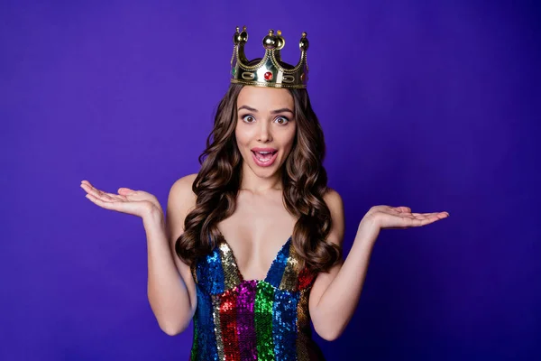 Photo of funny lady prom queen raise arms wear shiny sequins dress isolated purple color background — Stock Photo, Image