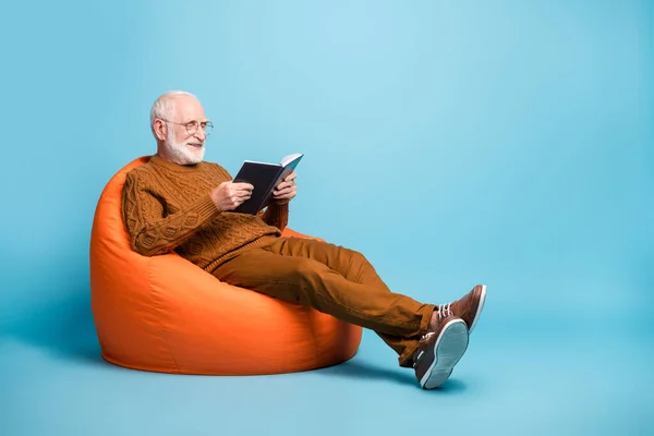 Portrait of his he nice attractive focused cheerful cheery wise smart clever bearded grey-haired man sitting in bag chair reading academic book isolated over blue pastel color background — Stock Photo, Image
