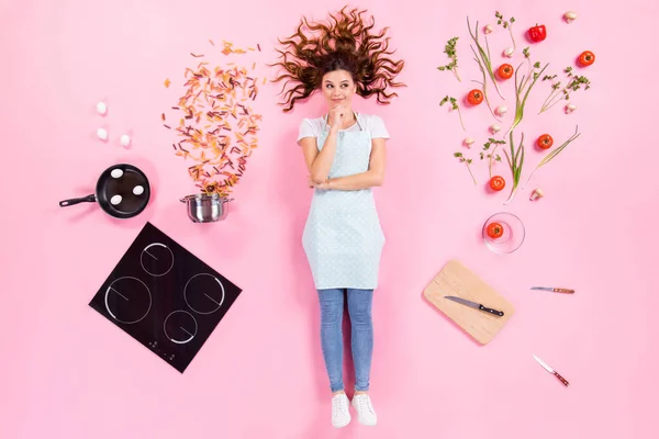 Top above high angle full size photo of minded housewife girl think thoughts decide breakfast flat lay ingredients tomato eggs saucepan frying pan knife isolated pastel color background