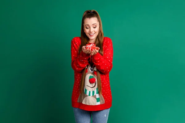 My precious. Photo of cute overjoyed lady hold newyear present little tiny giftbox package surprise wear red ugly ornament deer decor pullover isolated green color background — Stock Photo, Image