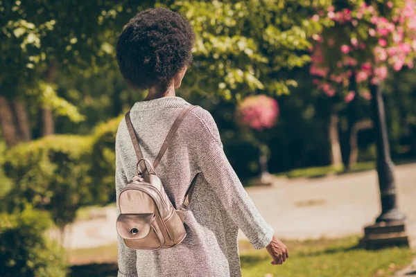 Vista posterior de la columna vertebral foto de niña de piel oscura caminando en el parque forestal de la ciudad de primavera —  Fotos de Stock