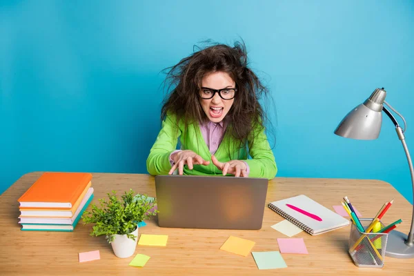 Topo acima de ângulo alto vista foto de furioso marrom confuso cabelo menina sentar mesa tipo laptop isolado azul cor fundo — Fotografia de Stock