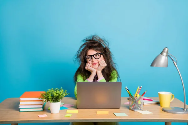 Portrait of her she nice attractive pensive intellectual cheerful girl studying solving task isolated over bright blue color background — Stock Photo, Image