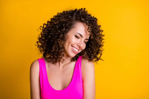 Closeup photo of charming pretty overjoyed lady good mood chilling eyes closed youth party amazing wavy hairdo wear pink singlet tank-top denim skirt isolated shine yellow color background — Stock Photo, Image