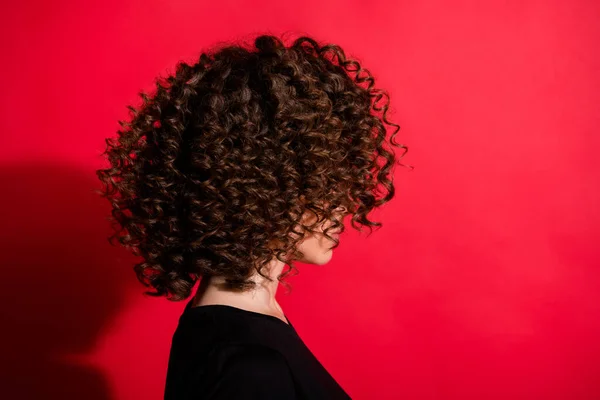 Perfil del retrato fotográfico de la mujer con el pelo rizado aislado sobre fondo de color rojo vivo — Foto de Stock