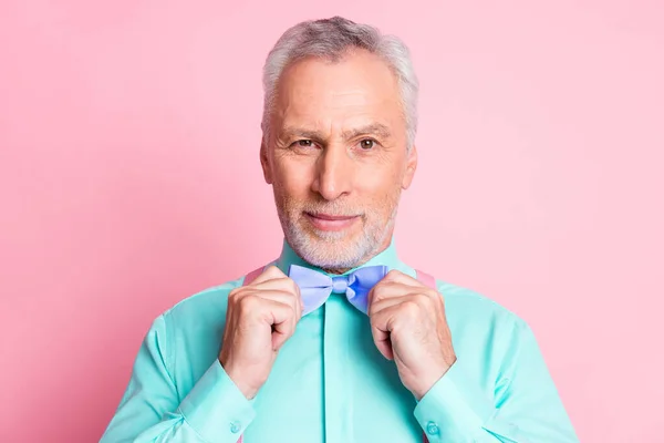 Closeup headshot photo of metrosexual prepare for event dressing up with bowtie bright shirt suspenders isolated on pink color background — Stock Photo, Image