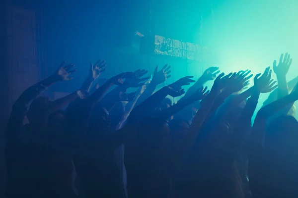Foto di incontro disattento ballo gioire discoteca alzare le mani indossare abbigliamento elegante club moderno al chiuso — Foto Stock