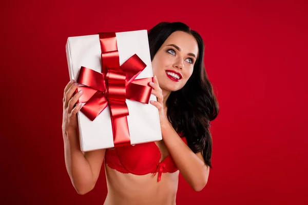 Fénykép a boldog bájos érzéki barna nő tartsa elképzelni ajándék doboz viselése melltartó x-mas elszigetelt piros színű háttér — Stock Fotó