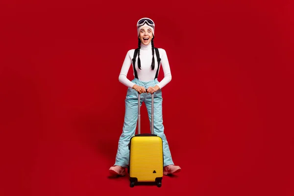 Full size photo of young happy excited crazy girl with tails wear blue pants hold luggage isolated on red color background — Stock Photo, Image