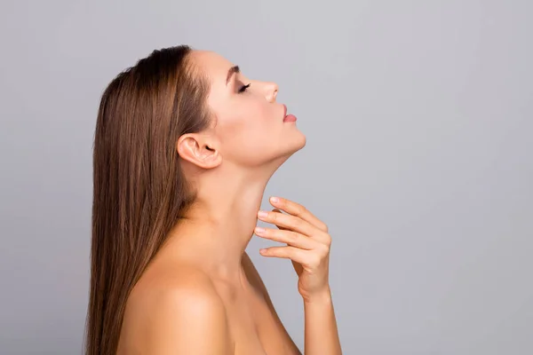 Profile side photo of charming gorgeous lady enjoy her skincare procedure smooth natural ideal skin touch chin neck close eyes isolated over grey color background — Stock Photo, Image