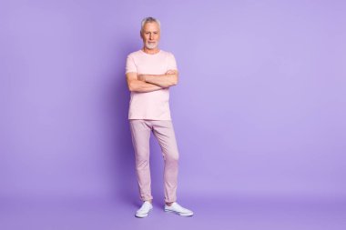 Photo of self-assured grandpa crossed hands wear pink trousers t-shirt sneakers isolated violet color background clipart