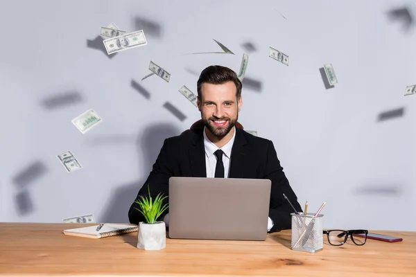 Photo of macho business guy notebook table bucks american falling toothy smiling rich chief success startup income wear blazer shirt tie suit sit chair isolated grey background — Stock Photo, Image