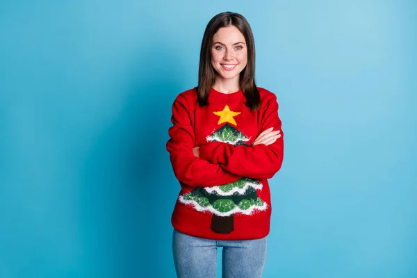 Photo of positive girl in christmas tree decor pullover cross hands x-mas spirit masquerade isolated over blue pastel color background — Stock Photo, Image