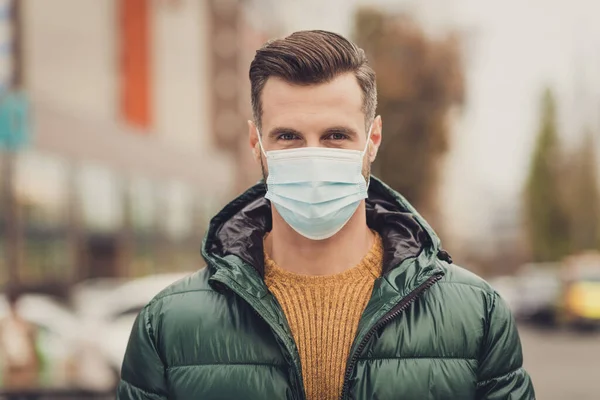 Photo of young person look camera wearing cold safety medical respiratory weekend free time outdoors — Stock Photo, Image