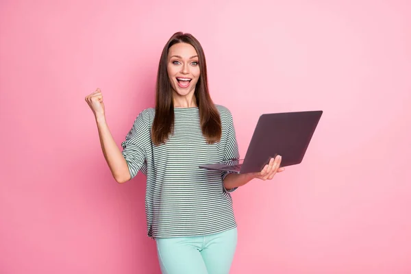 フォトのhooray甘いブルネット長い髪の女性作業ノートパソコンの叫び拳アップは、パステルピンクの色の背景に隔離されたカジュアルなTシャツパンツを着用 — ストック写真