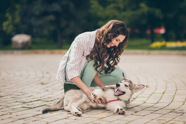 Foto de funky positivo encaracolado cabelo mulher jogar com cão de estimação favorito usar camisa listrada saco de jeans verde no parque ao ar livre — Fotografia de Stock