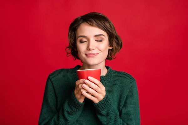 Portrait of pretty person hands hold cup closed eyes dark green pullover isolated on red color background — Stock Photo, Image