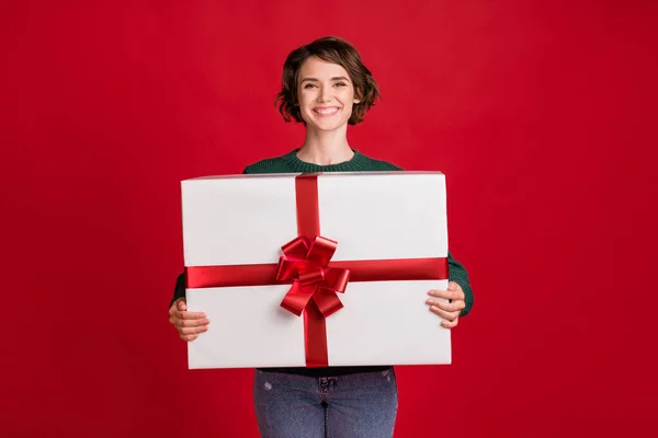 Fotografie spokojené pozitivní dáma ruce drží velké x-mas dárek stuha izolované na červeném pozadí — Stock fotografie