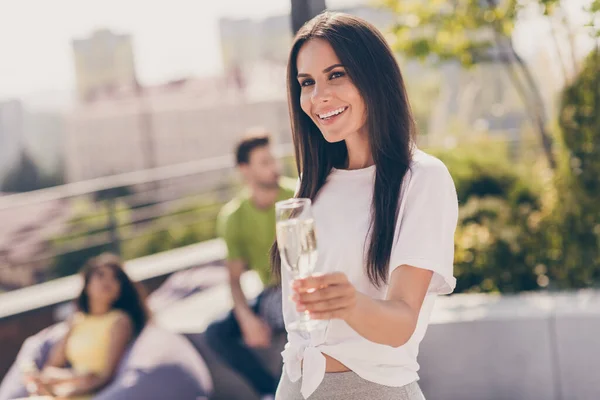 Portrait of adorable person give glass champagne have good mood business event meeting restaurant outdoors — Stok Foto