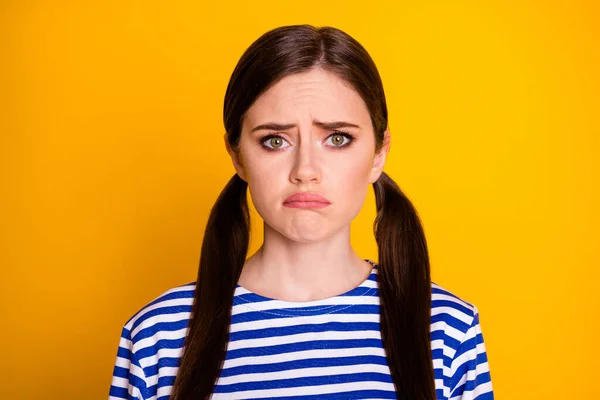 Portrait of disappointed frustrated girl have argument quarrel feel upset cry wear good look clothes isolated over vivid color background — Stock Photo, Image