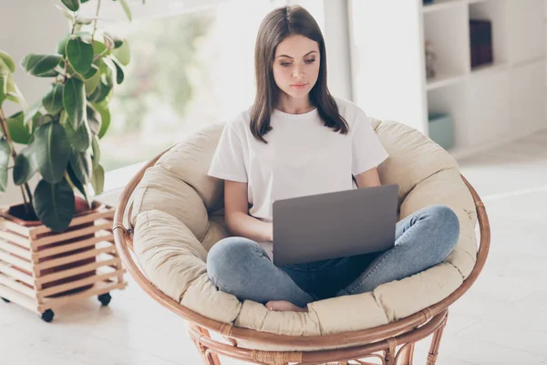Pełna długość zdjęcie inteligentnej dziewczyny pracy laptop siedzieć wiklinowe krzesło nosić jeansy w domu w pomieszczeniach — Zdjęcie stockowe