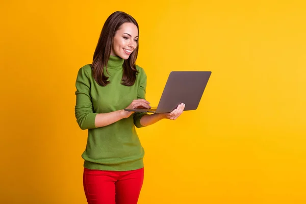 Fénykép a csinos hölgy notebook kezét böngészési munka távolról viselni zöld pulóver piros nadrág elszigetelt sárga színű háttér — Stock Fotó