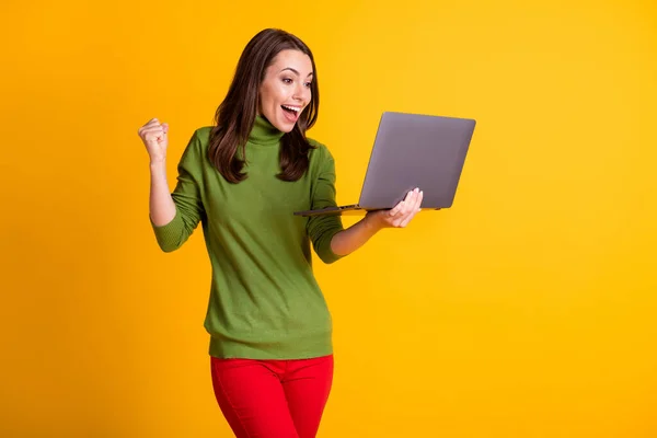 Foto di divertente signora freelancer navigazione laptop leggere sollevare pugno usura verde maglione rosso pantaloni isolato colore giallo sfondo — Foto Stock