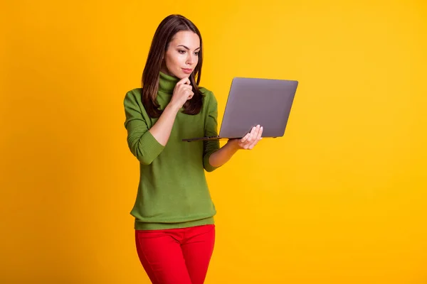 Fénykép a vonzó hölgy tartsa notebook megjelenés képernyő kar állon viselni zöld pulóver piros nadrág elszigetelt sárga háttér — Stock Fotó