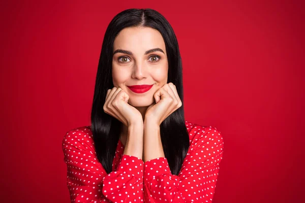 Primer plano retrato de contenido alegre encantadora dama agradable maquillaje visage aislado sobre fondo de color rojo brillante —  Fotos de Stock